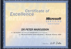 Urkunde für Dr. Brimborius alias: DR PETER MARCUSSON has successfully completed requirements to be recognized as a Microsoft Certified Professional, signed by Bill Gates